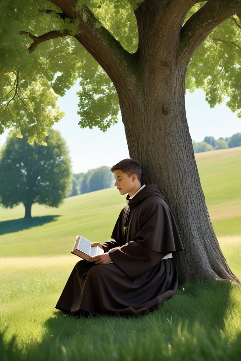 (best quality) (realistic) (masterpiece), (photo realistic), (extremely detailed), 8k, cinematic, in a beautiful landscape, a green field, an inspiring moment, a young friar wearing a Franciscan religious habit sitting under a tree , he has the Bible in his hands, looking up he is thoughtful, the shadow of the tree envelops his space, it is a sunny day, in the distance you can see a church,