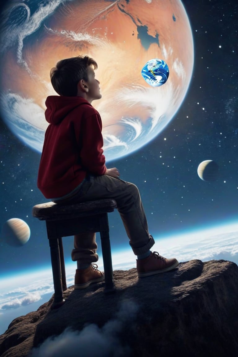 a magical, irreverent moment, a boy is sitting on a cloud and from up there he is looking at planet earth, the sky is full of stars, the boy is pointing at the planet with admiration, (Better quality) (detailed) (realistic animation) (cinematic) 8k,