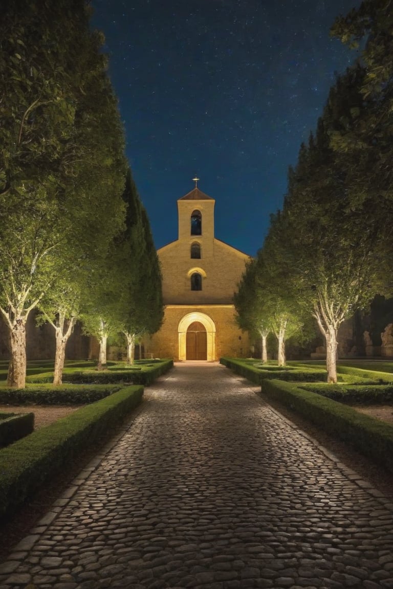 In a plain city, a place of peace and harmony we find a monastery with a beautiful garden, gates illuminate the facade of the monastery, during the night the place is illuminated, some friars are entering the monastery, trees around it, the stars illuminate the sky, (Better quality) (detailed) (cinematic) HDR, 8k,