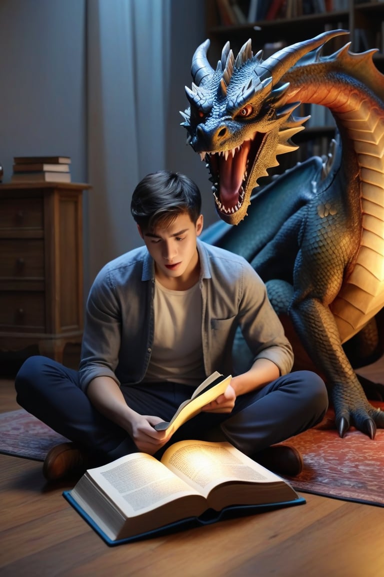 (best quality) (realistic) A young man sitting on the floor of his room reading a book, suddenly the figure of a dragon emerges from within the book, the young man is amazed, magical, mysterious moment, high quality image, 4k,