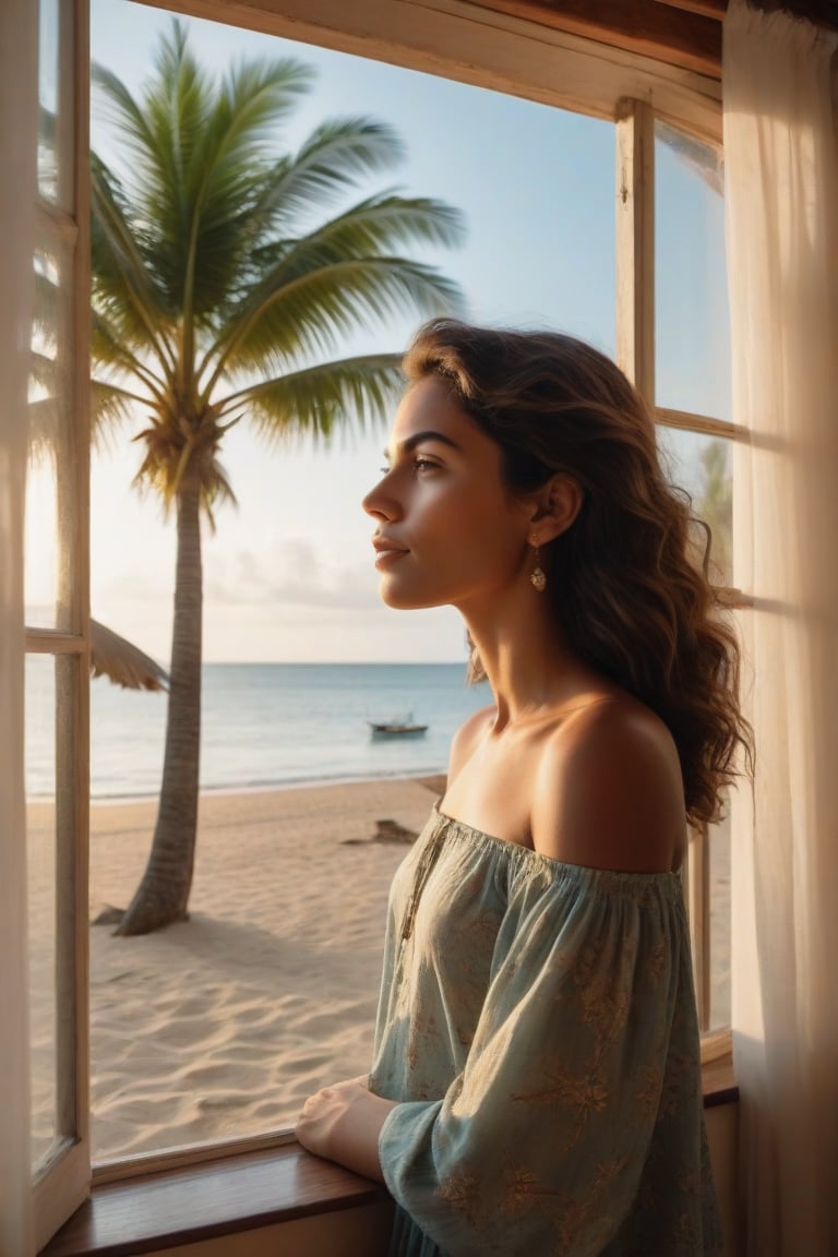 In a paradisiacal place, inside a small house a young woman (angle of view of the young woman from the waist up) is in her room looking out the small window (arms resting on the window) at the admirable landscape of a beach, in the landscape there are birds flying through the sky, the transparent water of the sea, the sun is setting, coconut trees, a small boat, (Better quality) (detailed) (realistic animation) (cinematic) 8k,Realistic Enhance