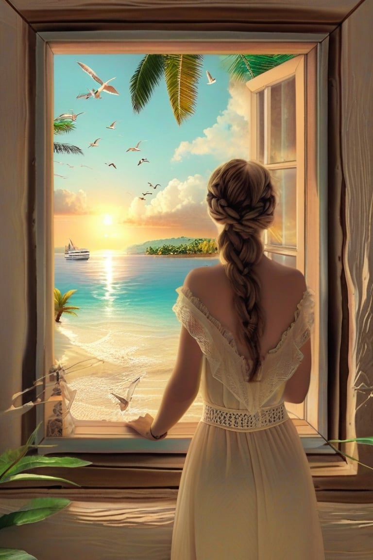 In a paradisiacal place, inside a small house a young woman (angle of view of the young woman from the waist up) is in her room looking out the small window (arms resting on the window) at the admirable landscape of a beach, in the landscape there are birds flying through the sky, the transparent water of the sea, the sun is setting, coconut trees, a small boat, (Better quality) (detailed) (realistic animation) (cinematic) 8k,