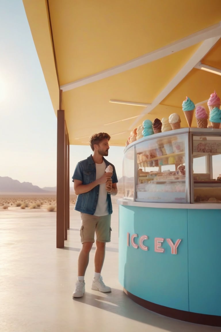 A deserted place, bright sun, scorching heat, a young traveler finds an ice cream shop (big, modern ice cream shop) in the middle of the desert, he looks at the ice cream shop with joy, (detailed) (cinematic) 8k,