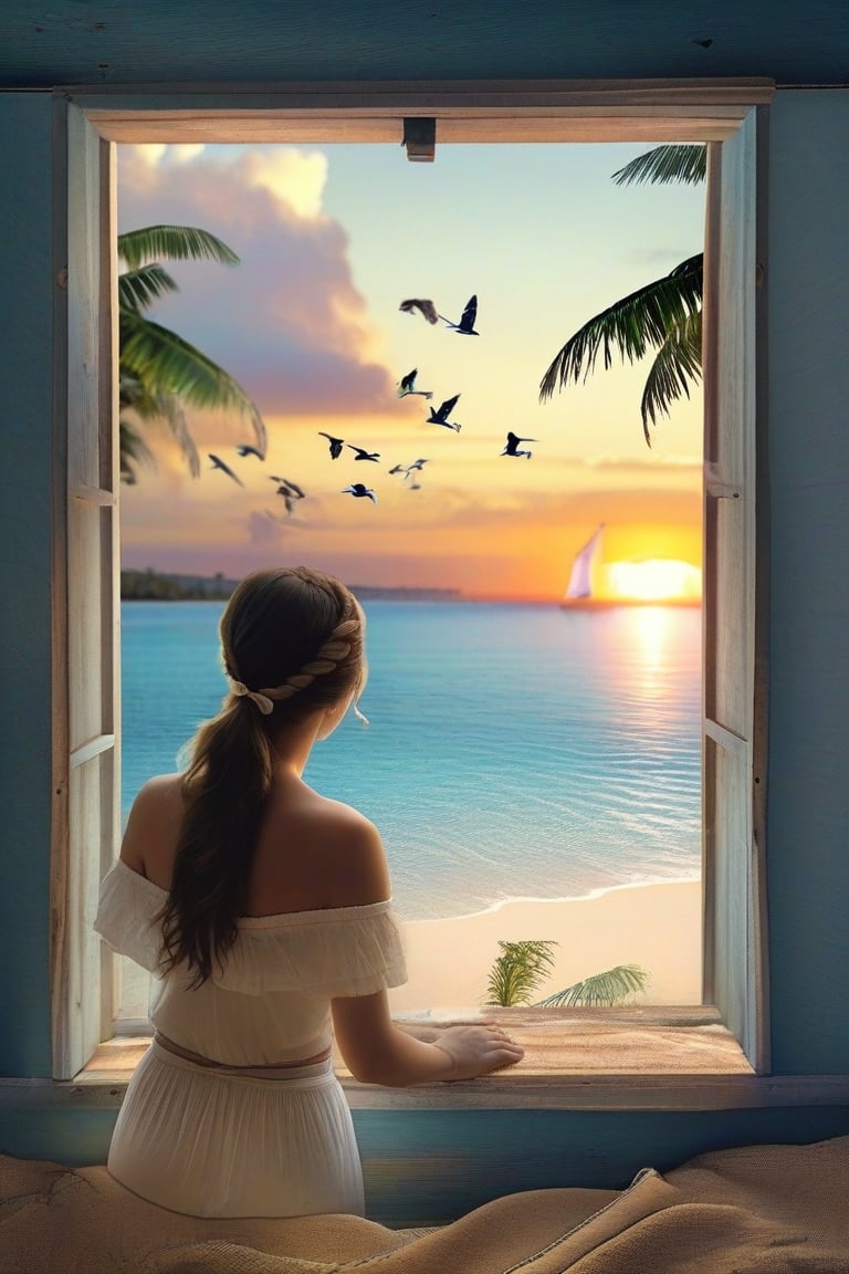 In a paradisiacal place, inside a small house a young woman (angle of view of the young woman from the waist up) is in her room looking out the small window (arms resting on the window) at the admirable landscape of a beach, in the landscape there are birds flying through the sky, the transparent water of the sea, the sun is setting, coconut trees, a small boat, (Better quality) (detailed) (realistic animation) (cinematic) 8k,