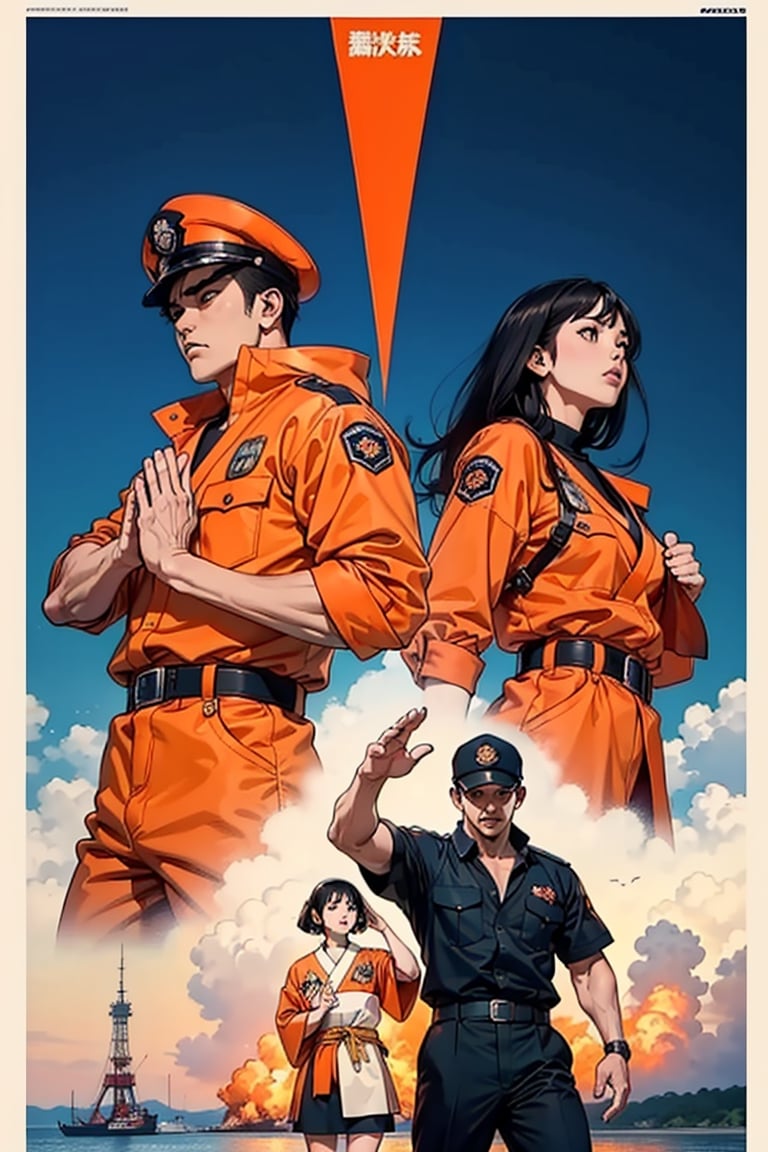 Little boys and girls praying for peace and safe,  japan firefighters and self-defence force working hard, cinematic poster style, orange and blue contrast background, boichi manga style