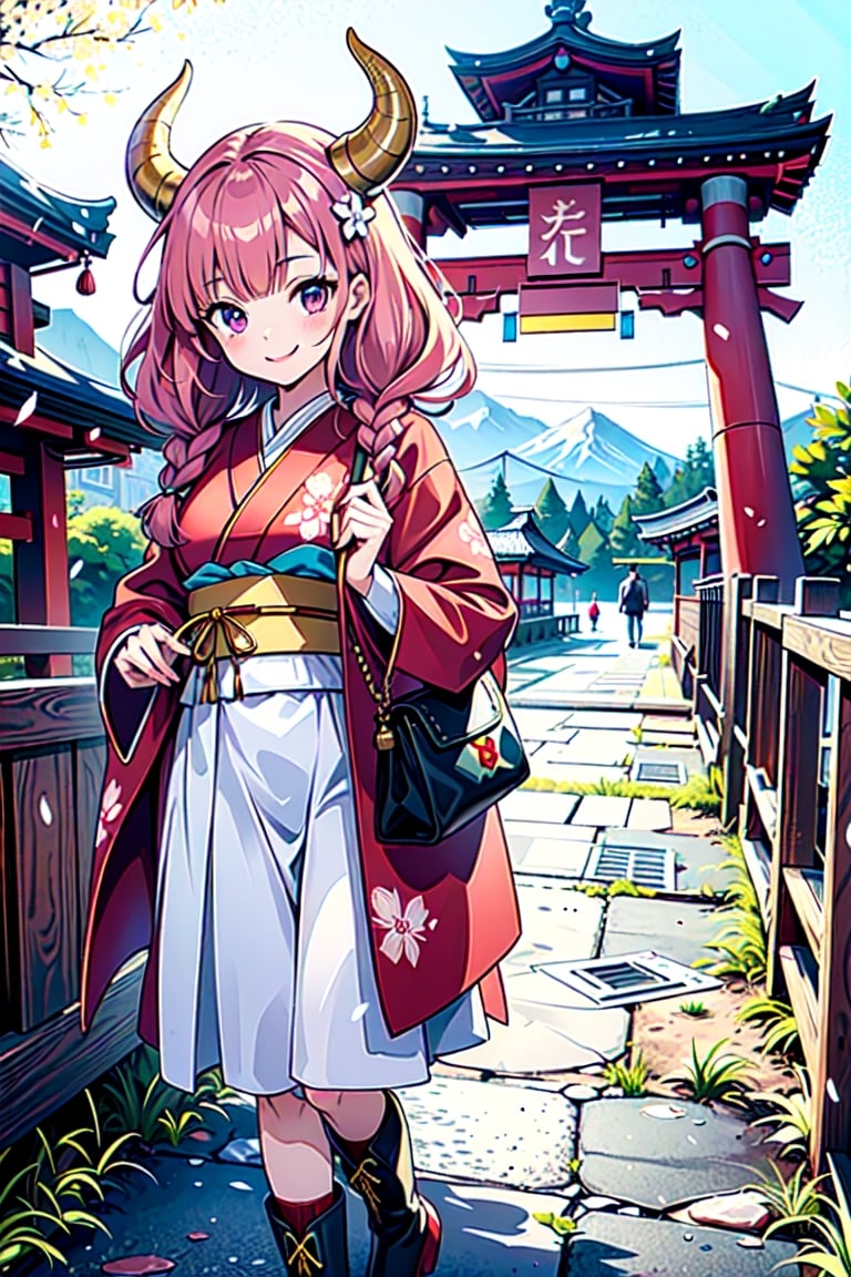 ((masterpiece, best quality, ultra-detailed, very fine 8KCG wallpapers)), 1girl, solo, kawaii, smile, medium breasts, (Japanese tote bag), red beret, red bow ribbon, red gloves, red boots, (kimono), winter sunny day, Japanese temple, nice hands, perfect hands, horns,  pink hair,  long hair,  twin braids,  purple eyes,