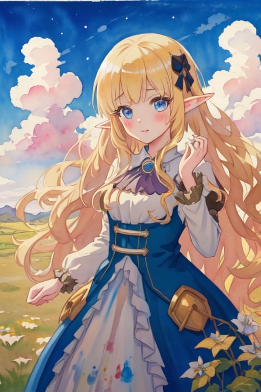 masterpiece,best quality,asterpiece,beautiful,riyo (lyomsnpmp) (style),watercolor, anime, 2d, colourpencil line, blue sky and white clouds,Outdoor,The warm sunshine, 1 girl, elf, princess, dark lolita dress, gold hair, long blonde hair, perfect hands, cartoon, break, ink painting,EpicArt