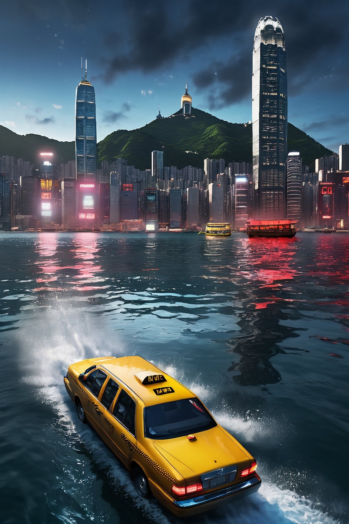 (((hyper realistic)))(((extreme realistic detail))) (detailed shadows) (masterpiece:1.2, highest quality), (realistic)
ray-tracing, high-resolution, Hong Kong city, Hong Kong cityscape, modern city, high buildings, ((red colour amphibious Hong Kong Taxi on water surface with great water splashing)), crossing Victoria Harbour  (the sky is full of huge planet, night, galaxy), cinematic view, cinematic angle, cinematic light, bottom up view