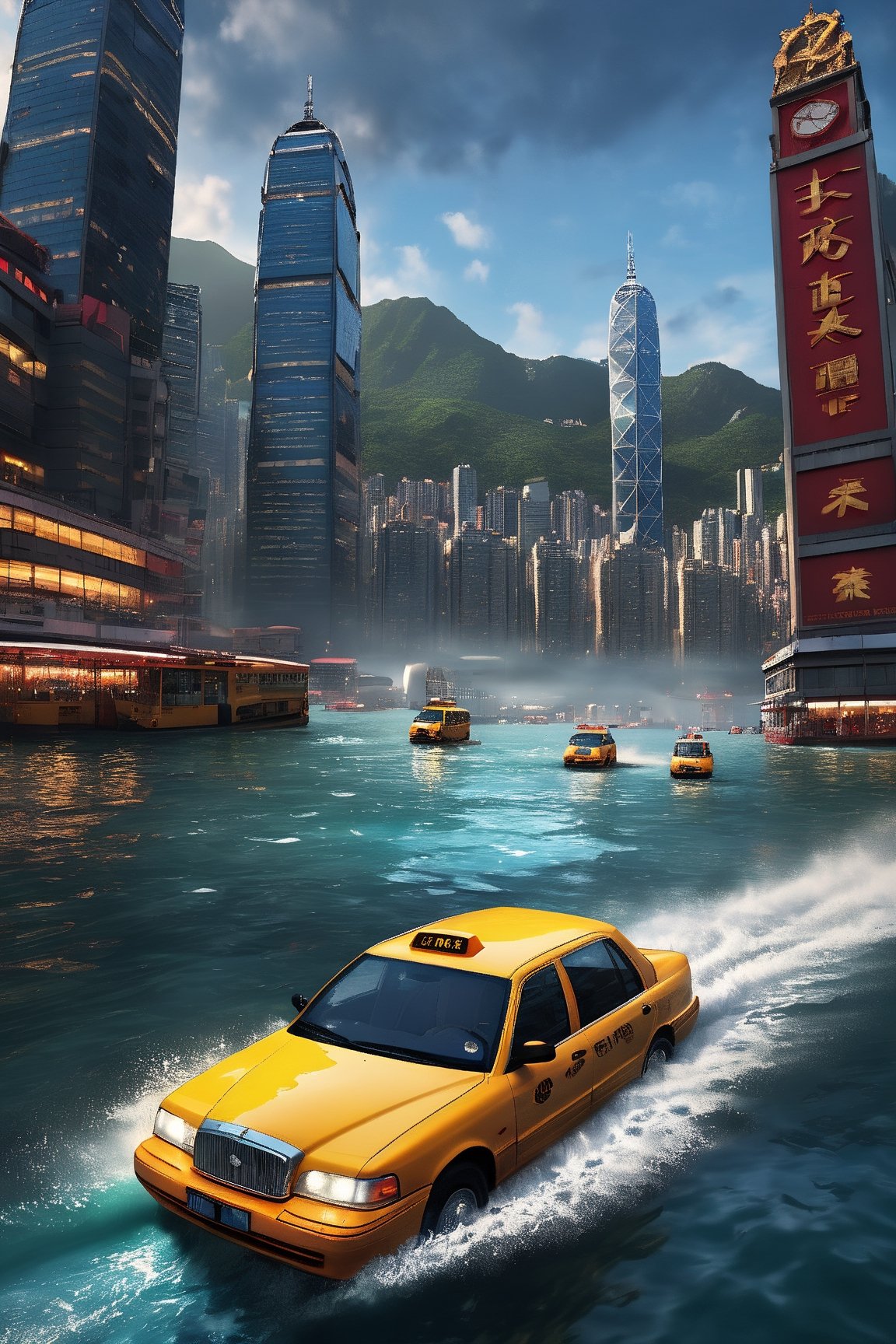 (((hyper realistic)))(((extreme realistic detail))) (detailed shadows) (masterpiece:1.2, highest quality), (realistic)
ray-tracing, high-resolution, Hong Kong city, Hong Kong cityscape, modern city, high buildings, ((red colour amphibious Hong Kong Taxi on water surface with great water splashing)), crossing Victoria Harbour  (the sky is full of huge planet, night, galaxy), cinematic view, cinematic angle, cinematic light, bottom up view