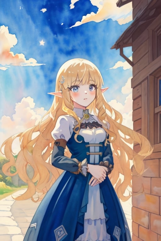 masterpiece,best quality,asterpiece,beautiful,riyo (lyomsnpmp) (style),watercolor, anime, 2d, colourpencil line, blue sky and white clouds,Outdoor,The warm sunshine, 1 girl, elf, princess, dark lolita dress, gold hair, long blonde hair, perfect hands, cartoon, break, ink painting,EpicArt