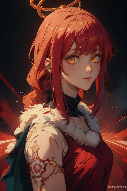 Christmas red dress, donut halo, masterpiece, best quality, illustration, hyper detailed, HD, Professional Lighting, Physically Based Rendering, Cinematic Lighting, accurate anatomy. Radiant colors, intense colors, yellow eyes, red hair, mysterious smile, looking at viewer, facing viewer, anime key visual, dramatic lighting, golden hour, csm anime style, grimdark, anime, manga style, digital painting, pixiv, artstation, semirealistic, intricate details, hires, masterpiece, best quality, absurdres, 
perfecteyes,makimacsm,csm anime style