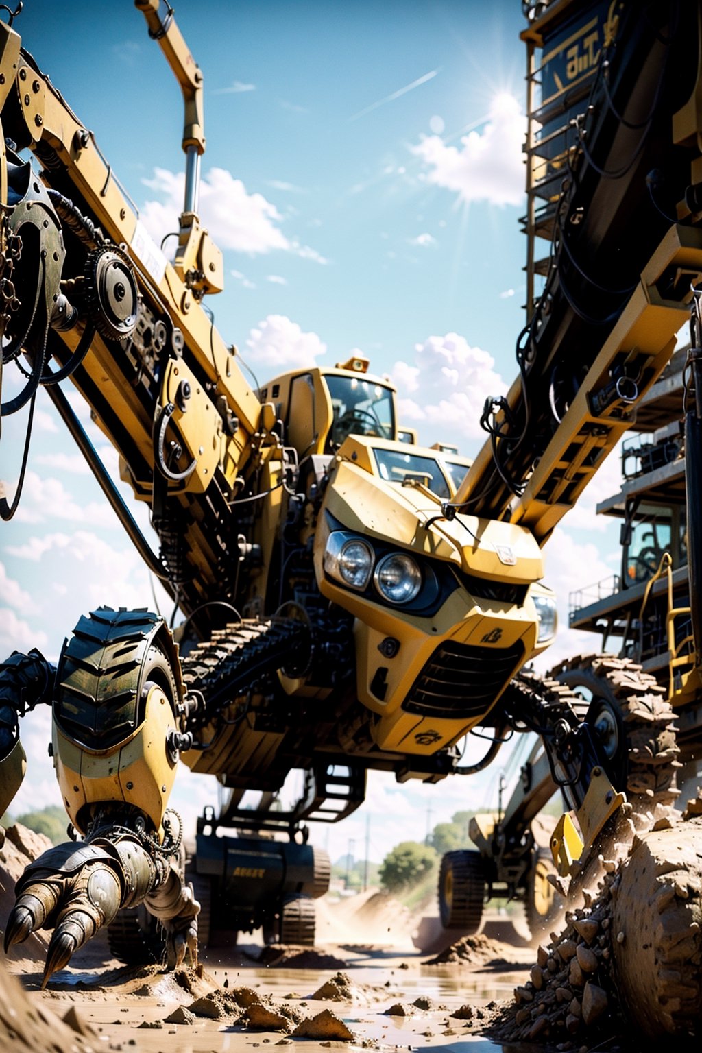 Highly camouflaged, camouflage as an excavator, fiddler crab, has one very big claw, bigger claw as excavator's shovel, [crab | excavator]_fiddlercrab, larger than human, a surprised human, muddy, construction site, macro,sunlight,fantasy art,dramatic lighting,award winning illustration, symetrical, octane render, 35mm, bokeh, (intricate details:1.12), hdr, (intricate details, hyperdetailed:1.15),cyber_animal