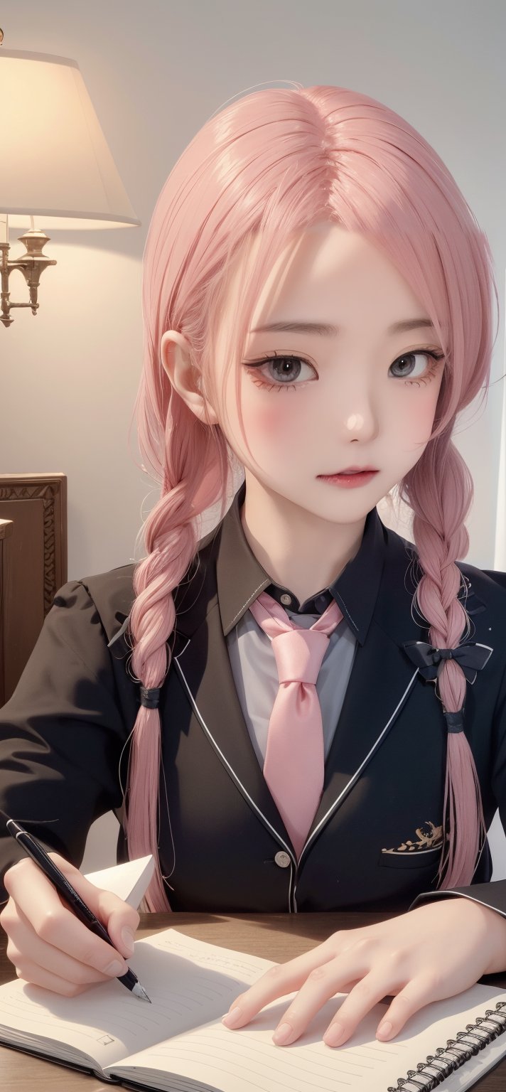 Best quality, masterpiece,  solo, perfect face, perfect eyes, pink hair, long braids, shirt, tie, lamp, table, pen, notebook, writing in notebook, looking at viewer