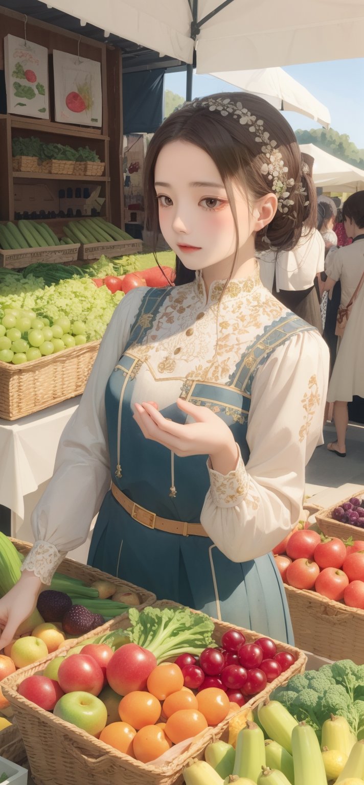 A medieval girl in traditional dress, vegetables and fruits, at a farmer's market, mysterious medieval, masterpiece,High detailed,watercolor,simplecats,swedish dress