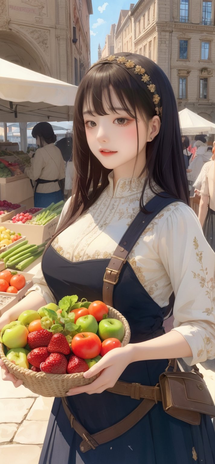 A medieval girl in traditional dress, vegetables and fruits, at a farmer's market, mysterious medieval, masterpiece,High detailed,watercolor,simplecats,swedish dress