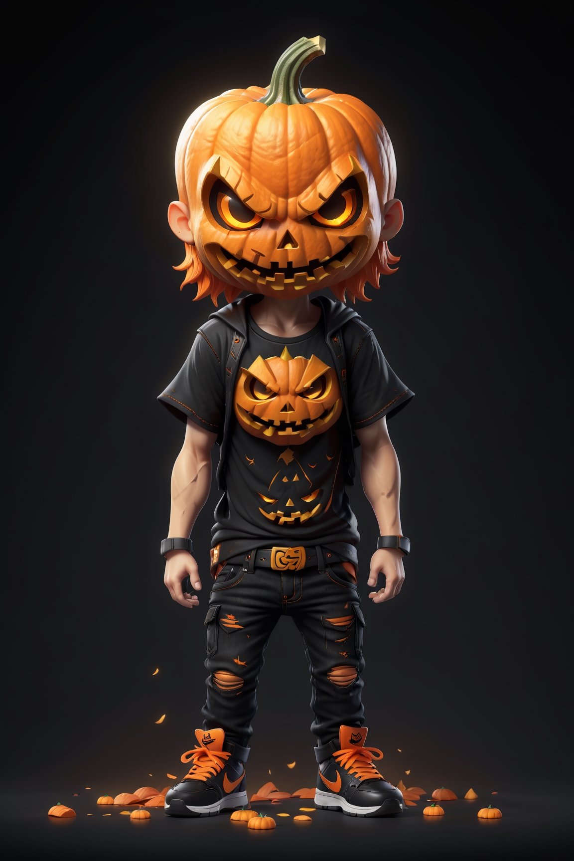 chibi, fullbody potrait of (((jack o lantern head))),  fallen angel, chibi style, 3d style, black tee shirt, black jeans with orange belt, and black nike shoes with orange nike logo and orange laces, AngelicStyle