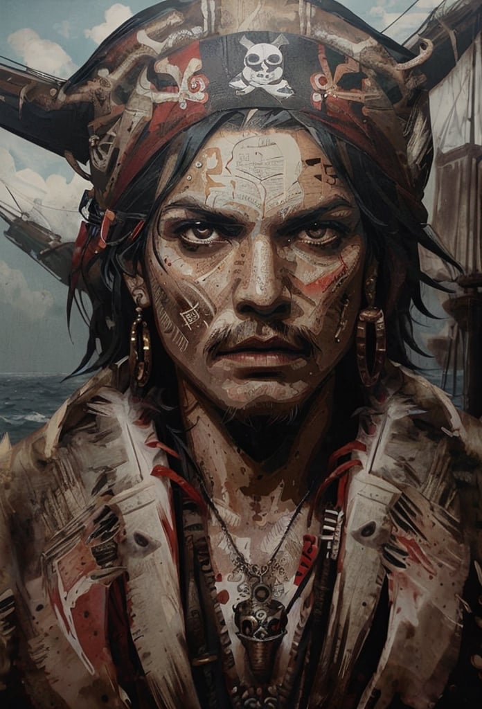 Generate an image of a pirate with a very serious facial expression, dressed in traditional pirate attire, and staring intensely ahead. The scene should be set on a pirate ship on the high seas with the wind blowing strongly.,potcoll