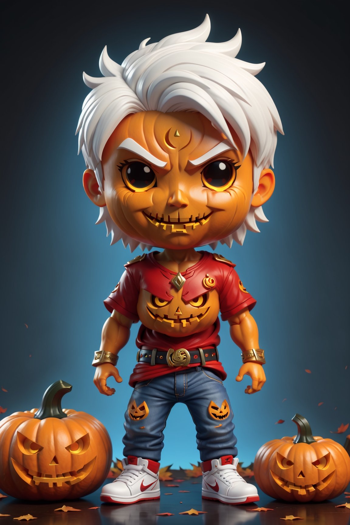 chibi, body and head only (((jack o lantern head))),  fallen angel, chibi style, 3d style, red tee shirt, white jeans with red belt, and white nike shoes with black logo and blue laces, AngelicStyle