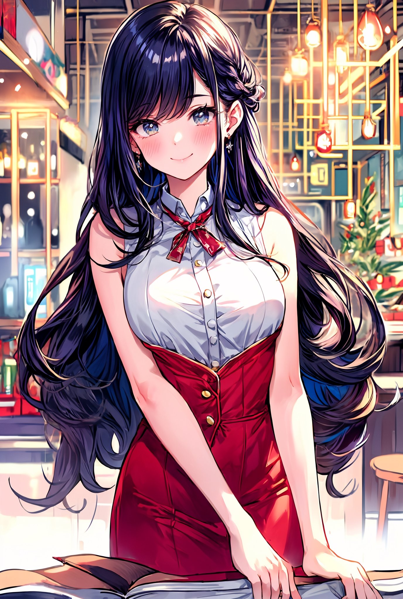 Portrait of beautiful girl,
(finely best quality illustration:1.2), (kawaii girl:1.0), (1girl, 1man:1.0),   (medium breasts:1.0), (smile:0.8), (ultra-detailed, highres:1.0),.masterpiece,best quality,incredibly  detail eyes,shore, 

high detail eyes, show full body, nice body
, age 18, medium breasts, seductive face ,High detailed ,Wenny, wavy hair, long hair, wearing idol costume,masterpiece,incredibly absurdres,high detail eyes,,  snow, indoors, more_than_one_pose, nice background, black hair, no sleeves, big smile,, short skirt,transparent blouse, christmas costume,incoming hug,midjourney, black thigh high