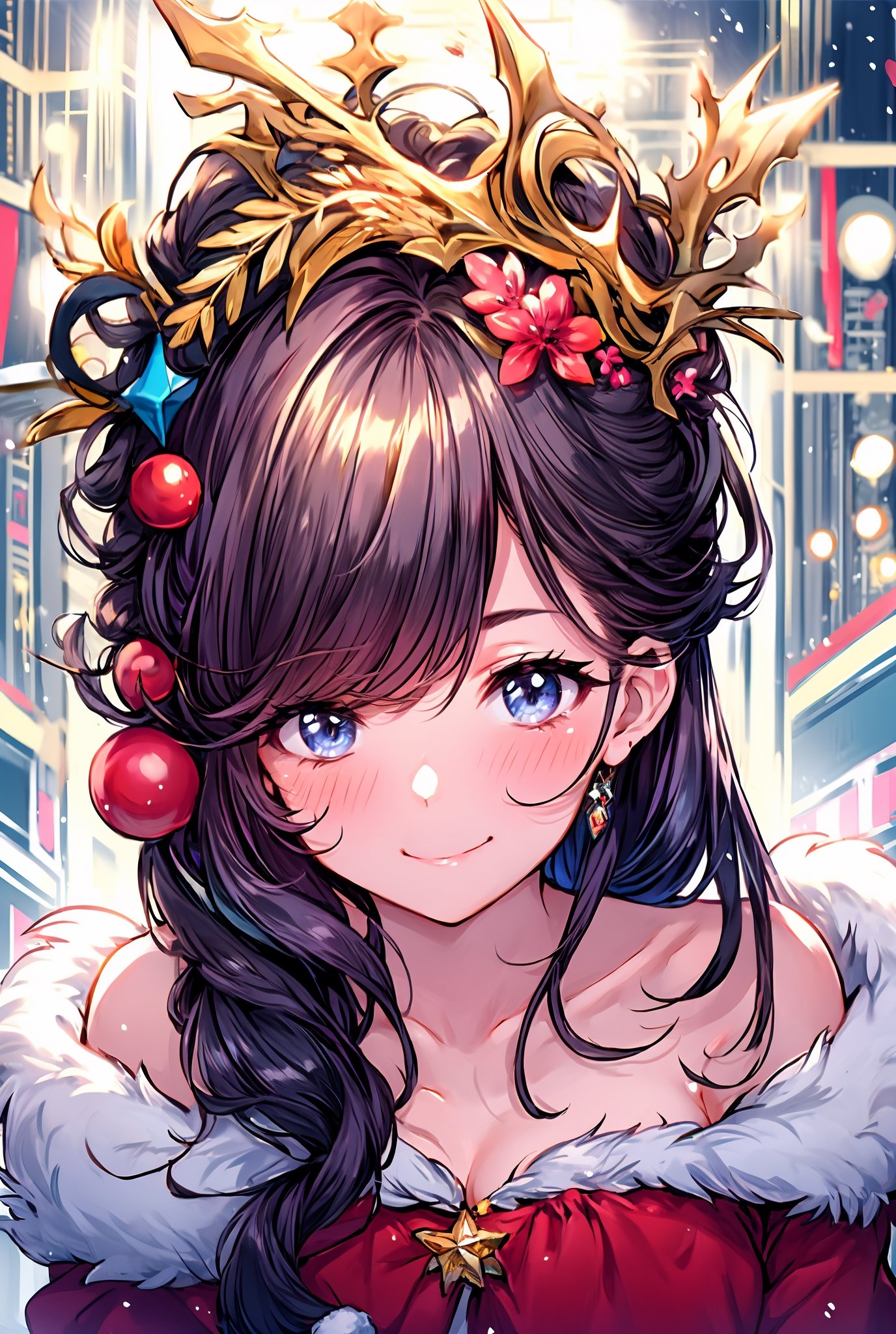 Portrait of beautiful girl,
(finely best quality illustration:1.2), (kawaii girl:1.0), (1girl, 1man:1.0),   (medium breasts:1.0), (smile:0.8), (ultra-detailed, highres:1.0),.masterpiece,best quality,incredibly  detail eyes,shore, 

high detail eyes, show full body, nice body
, age 18, medium breasts, seductive face ,High detailed ,Wenny, wavy hair, long hair, wearing idol costume,masterpiece,incredibly absurdres,high detail eyes,,  snow, indoors, more_than_one_pose, nice background, black hair, no sleeves, big smile,, short skirt,transparent blouse, santa costume,incoming hug,midjourney, black thigh high, bare_shoulders , christmas, christmas tree