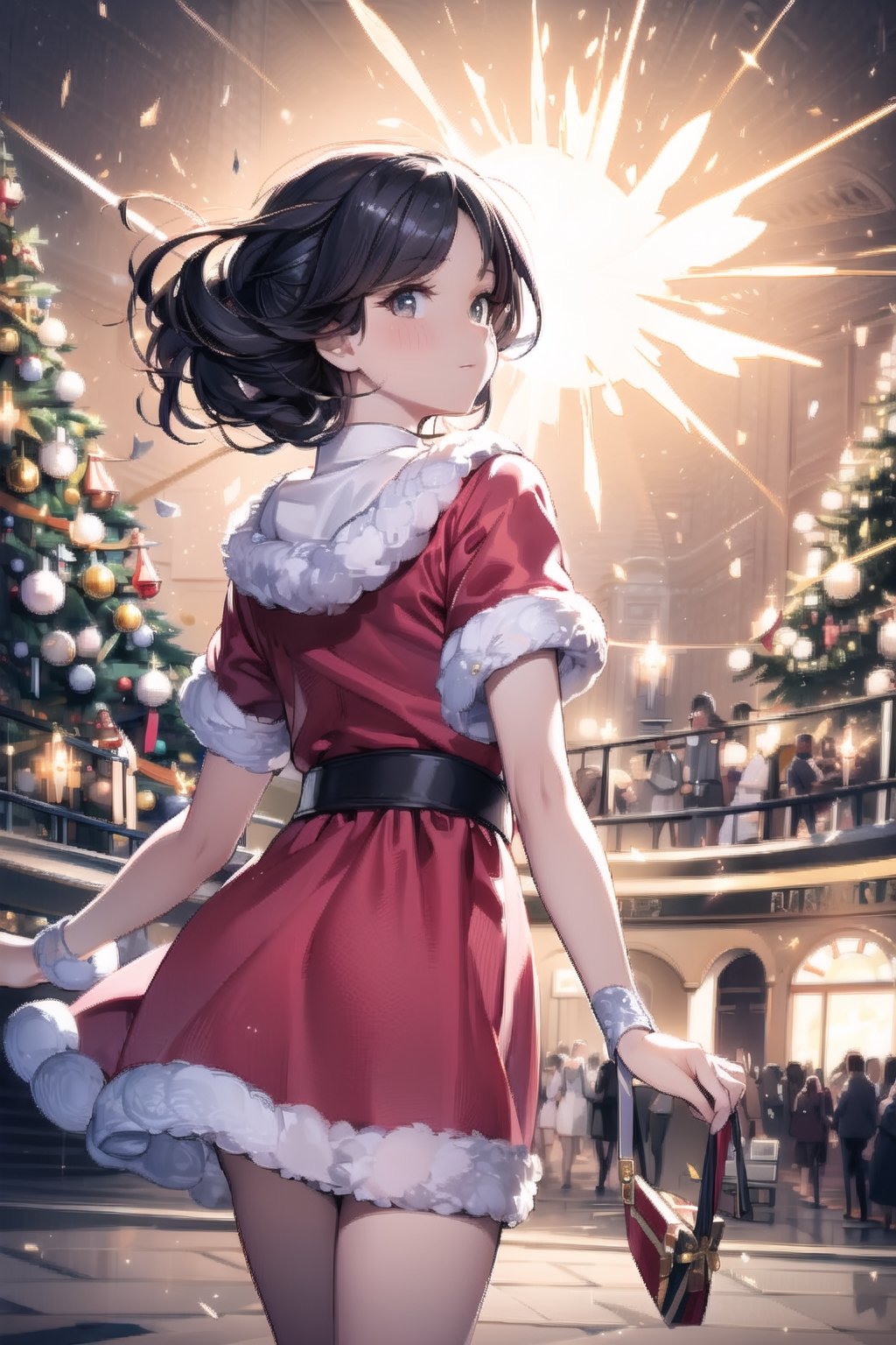 vibrant colors, female, masterpiece, sharp focus, best quality, depth of field, cinematic lighting, ((solo, one man )), (illustration, 8k CG, extremely detailed), masterpiece, ultra-detailed, in a burst of energy and radiance, a santa girl with her vibrant presence. The detailed illustration captures the spirit of christmas, exuding both grace and enthusiasm,
dressed in the spirited colors of her santa uniform, she moves with precision and elegance. The backdrop echoes the energy of a spirited crowd on christmas,  Her captivating presence shines through, making her the focal point in this moment of christmas event radiance, the illustration paints a dazzling portrait of a beautiful girl in motion,  creating a scene filled with energy and beauty, cute female, Black hair, long hair, Wenny.,Wenny,masterpiece,best quality