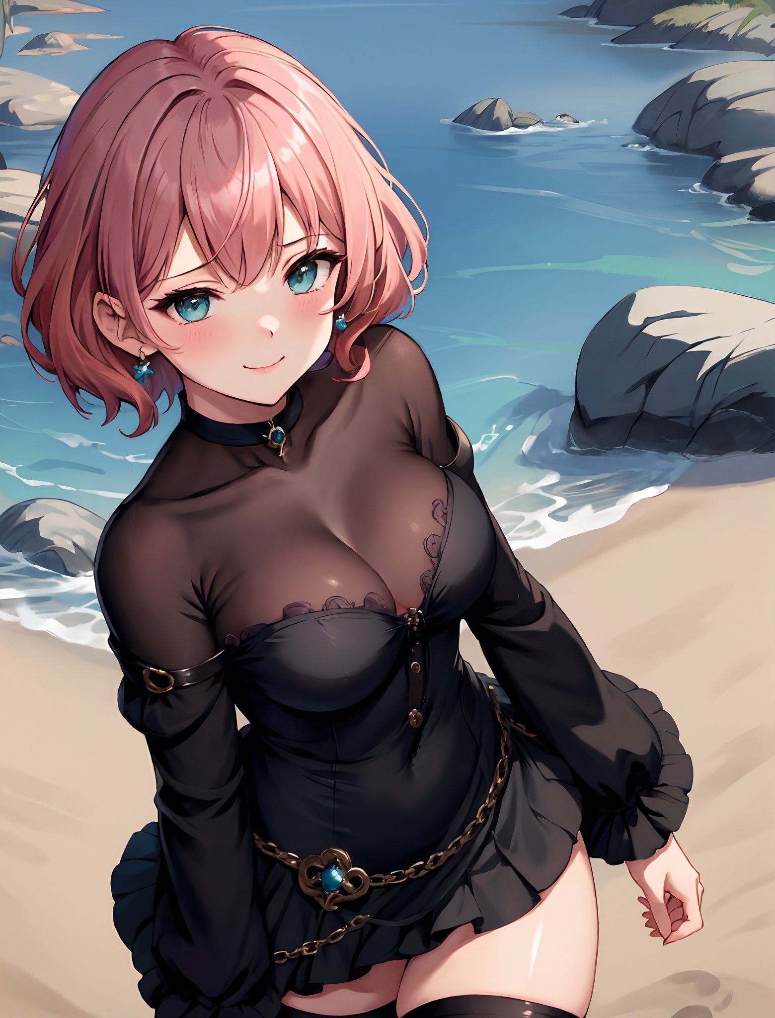 (finely best quality illustration:1.2), (kawaii girl:1.0), (1girl, solo:1.0),   (big breasts:1.0), (smile:0.8), (ultra-detailed, highres:1.0),.masterpiece,best quality,incredibly  detail eyes,shore, 

outdoors, sun rises, scenery, morning, ,masterpiece,cloudstick,incredibly absurdres,high detail eyes,

,downblouse, extended downblouse,long hair,, blue hair, aqua hair, blomde hair, orange hair, red hair, dark brown hair, black hair, skirtuplift, princess_connect!, high boots, at the blue rose park, loli, closed eye, pov, man on top the women, loli, age 18,pink hair, large breasts, lacasindress, black thighhighs