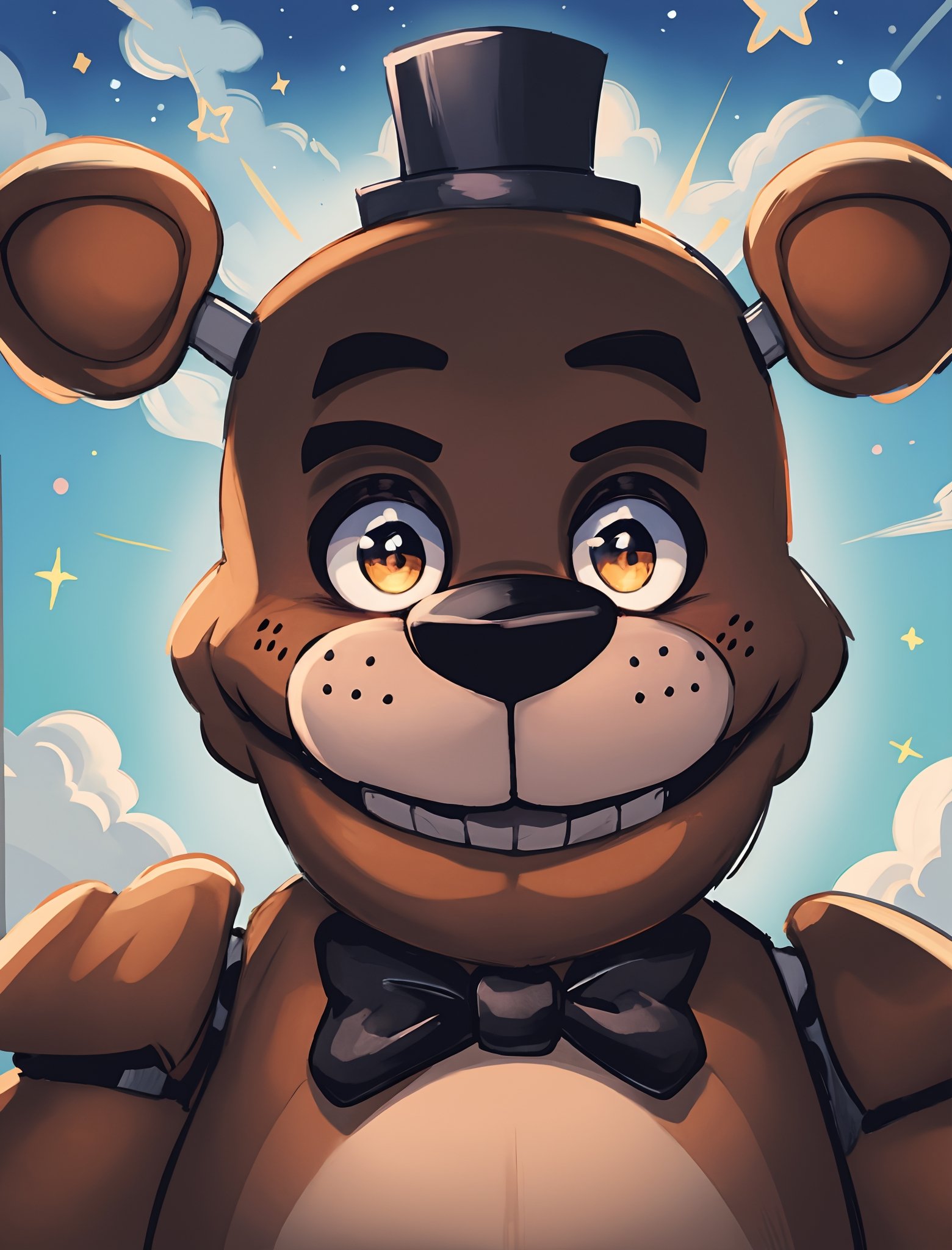 (finely best quality illustration:1.2), , (ultra-detailed, highres:1.0),.masterpiece,best quality,incredibly  detail eyes,shore, 

outdoors, starry_sky, scenery, midnight, ,masterpiece,cloudstick,incredibly absurdres,high detail eyes,, tall body

freddy, brown fur,freddy, animatronics,freddy fazbear, doing a ninja movement, glow eyes