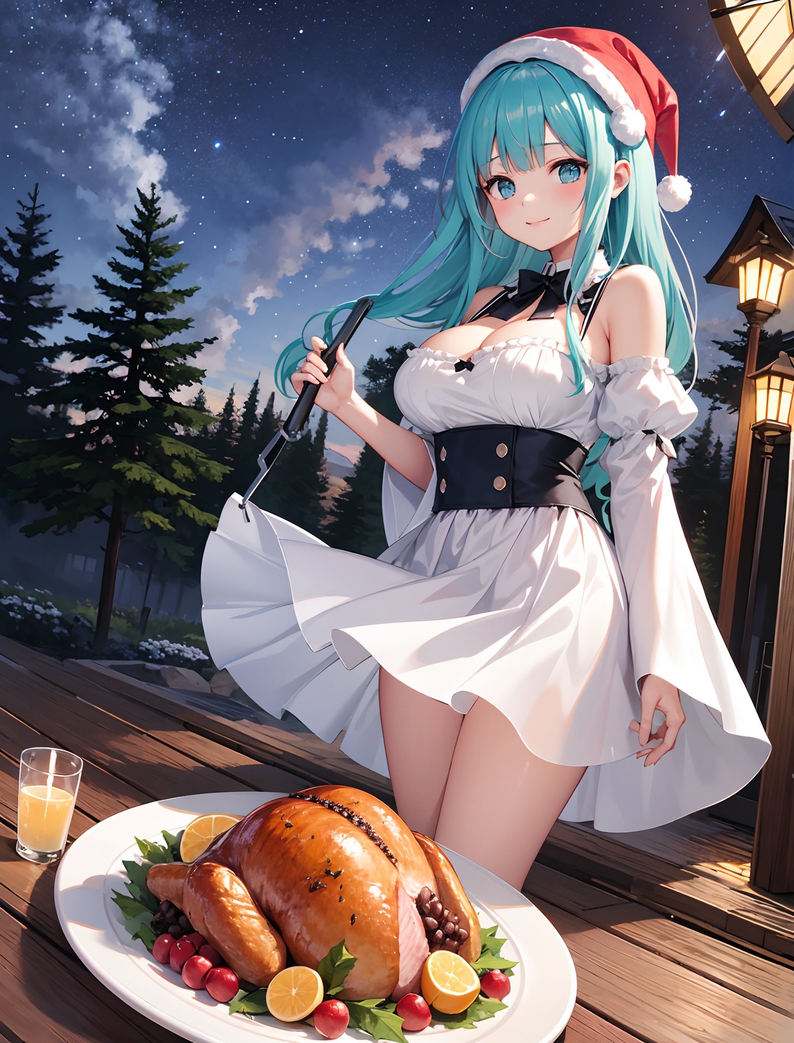 (finely best quality illustration:1.2), (kawaii girl:1.0), (1girl, solo:1.0),   (big breasts:1.0), (smile:0.8), (ultra-detailed, highres:1.0),.masterpiece,best quality,incredibly  detail eyes,shore, 

outdoors, starry_sky, scenery, midnight, ,masterpiece,cloudstick,incredibly absurdres,high detail eyes,, camping on the christmas tree forest, falling_snow

,downblouse, extended downblouse,long hair,, blue hair, aqua hair, blomde hair, orange hair, red hair, dark brown hair, black hair, skirtuplift, princess_connect!, carries a plate of Thanksgiving turkey, thanks giving