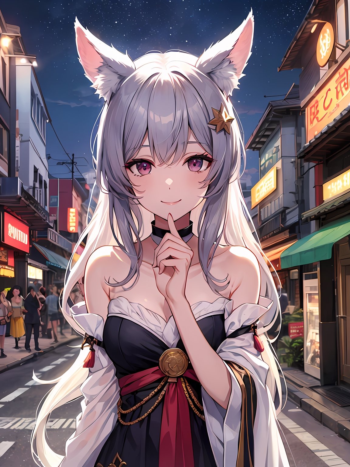A woman looking into the sky, starry_sky, in the malioboro street, smile, amazing, midnight,masterpiece , erune, fox_ears, pulling viewer hand