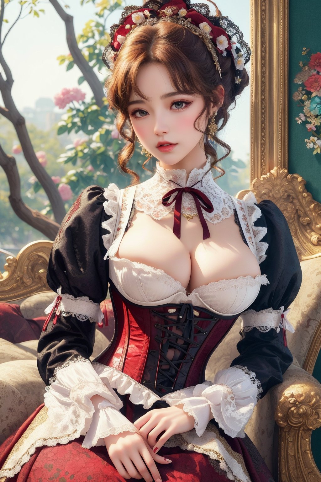 busty and sexy girl, 8k, masterpiece, ultra-realistic, best quality, high resolution, high definition, Lolita, maid, Victorian fashion, Rococo fashion, black corset with red ribbon lacing, White lace details on the sleeves, Puffed sleeves, headpiece adorned with flowers, ornate flower frame background, historical vibe, historical fashion with fantasy elements,lolita