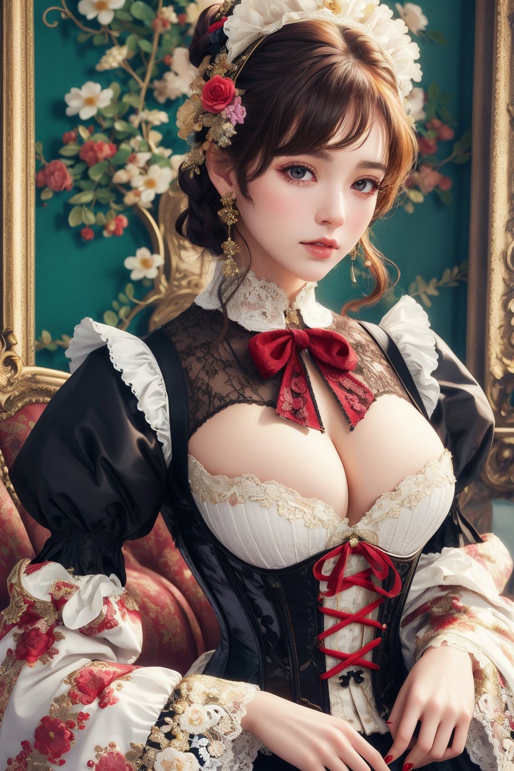 busty and sexy girl, 8k, masterpiece, ultra-realistic, best quality, high resolution, high definition, Lolita, maid, Victorian fashion, Rococo fashion, black corset with red ribbon lacing, White lace details on the sleeves, Puffed sleeves, headpiece adorned with flowers, ornate flower frame background, historical vibe, historical fashion with fantasy elements,lolita