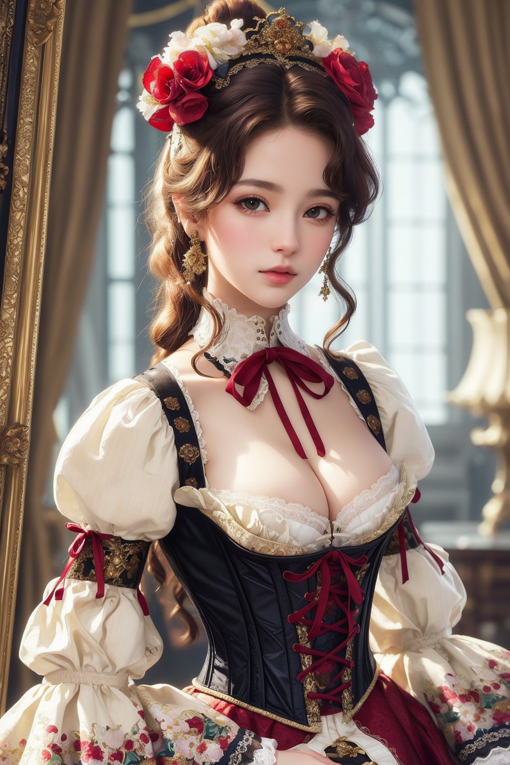 busty and sexy girl, 8k, masterpiece, ultra-realistic, best quality, high resolution, high definition, Lolita, maid, Victorian fashion, Rococo fashion, black corset with red ribbon lacing, White lace details on the sleeves, Puffed sleeves, headpiece adorned with flowers, ornate flower frame background, historical vibe, historical fashion with fantasy elements,lolita