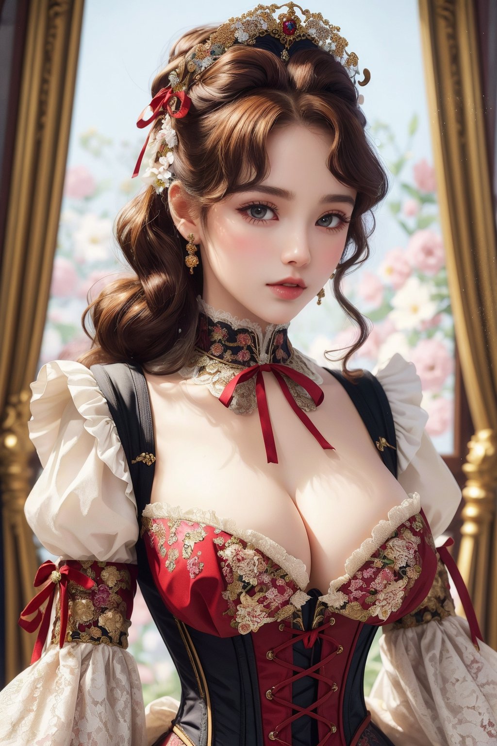 busty and sexy girl, 8k, masterpiece, ultra-realistic, best quality, high resolution, high definition, Lolita, maid, Victorian fashion, Rococo fashion, black corset with red ribbon lacing, White lace details on the sleeves, Puffed sleeves, headpiece adorned with flowers, ornate flower frame background, historical vibe, historical fashion with fantasy elements,lolita