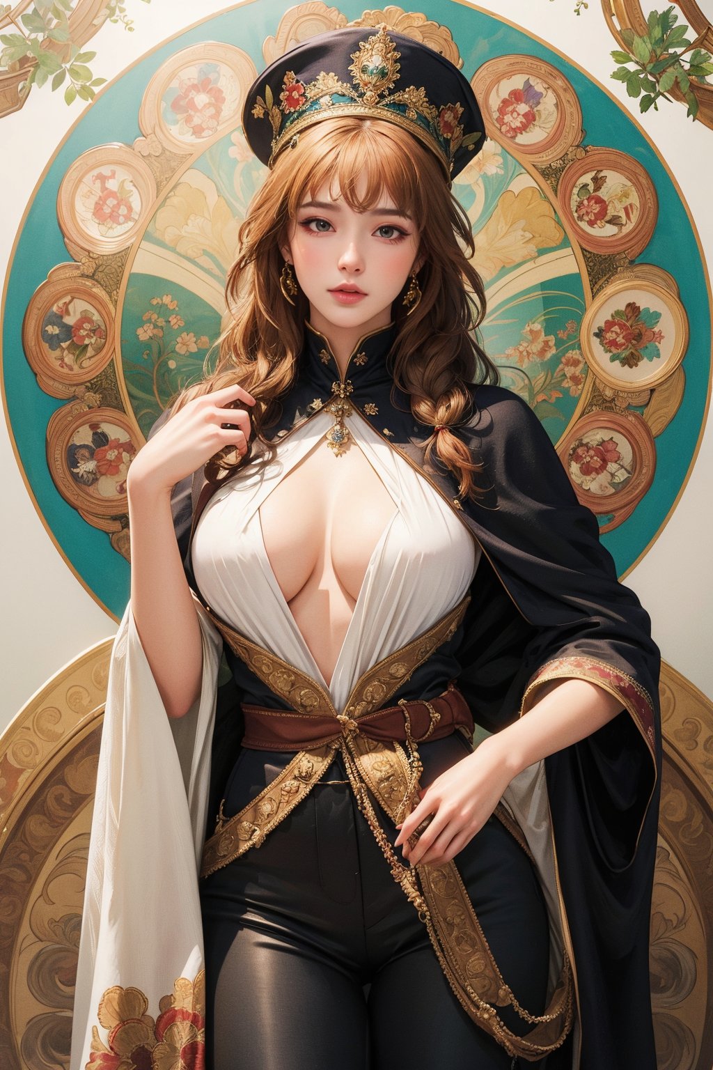 busty and sexy girl, 8k, masterpiece, ultra-realistic, best quality, high resolution, high definition, Powerful sorcerer, long white hair, Intense eyes, with Dark mystical in head, wearing Black robe and a wizard hat ,wearing Flowing black pants, , Art by Alphons Mucha, Clayton Crain, Stjepan Šejić, interactive image, highly detailed