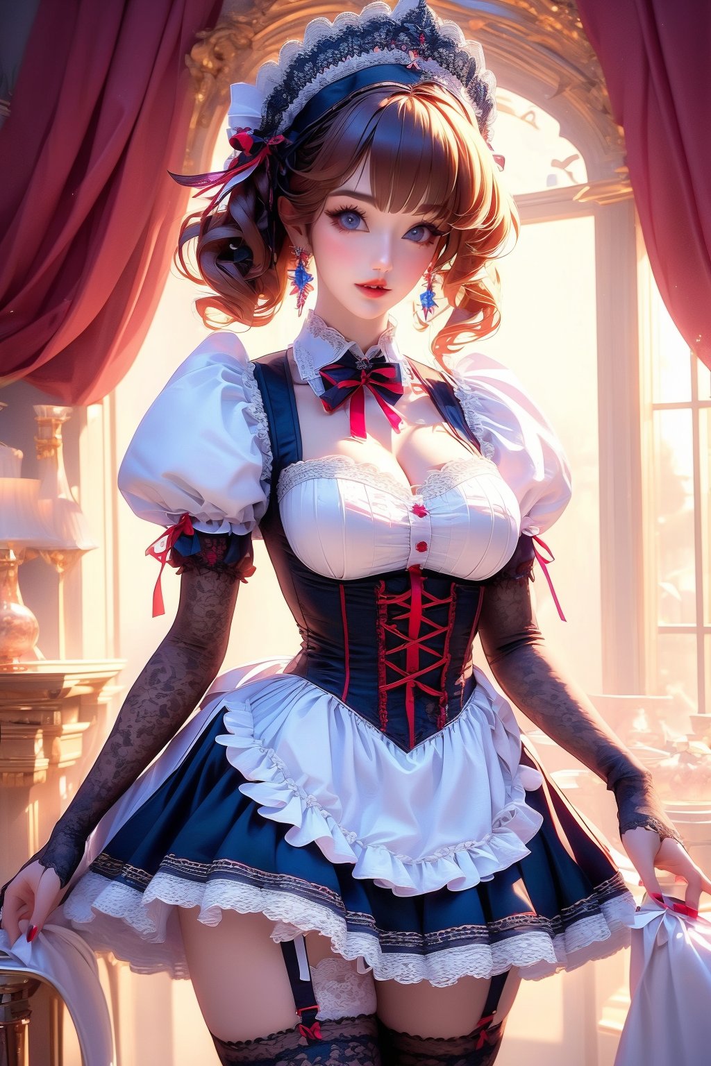 busty and sexy girl, 8k, masterpiece, ultra-realistic, best quality, high resolution, high definition, 1girl, solo, breasts, looking at viewer, short hair, bangs, large breasts, brown hair, thighhighs, long sleeves, dress, ribbon, cleavage, jewelry, medium breasts, cowboy shot, earrings, frills, parted lips, puffy sleeves, indoors, nail polish, white thighhighs, lips, grey eyes, maid, maid headdress, window, detached collar, garter straps, chair, red nails