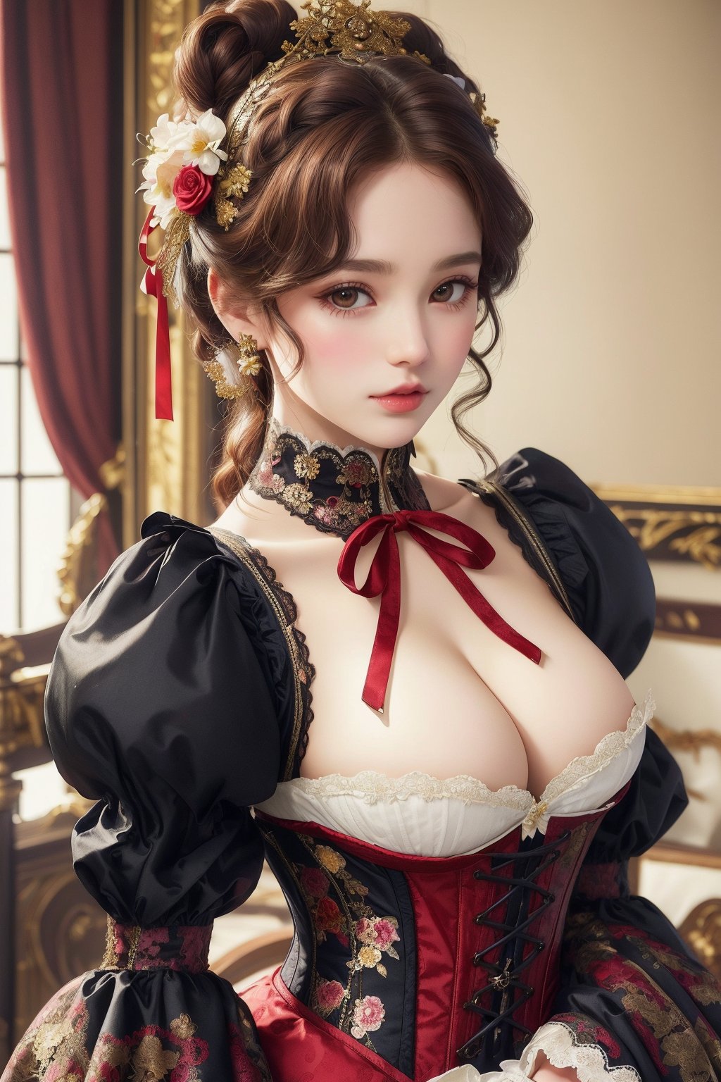 busty and sexy girl, 8k, masterpiece, ultra-realistic, best quality, high resolution, high definition, Lolita, maid, Victorian fashion, Rococo fashion, black corset with red ribbon lacing, White lace details on the sleeves, Puffed sleeves, headpiece adorned with flowers, ornate flower frame background, historical vibe, historical fashion with fantasy elements,lolita