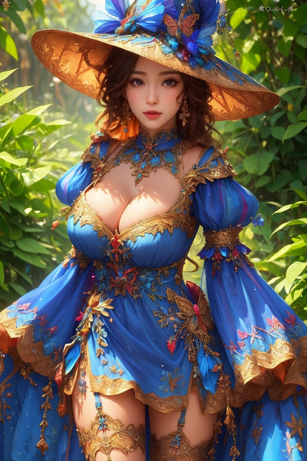 BLUE DRESS WITCH, busty and sexy girl, 8k, masterpiece, ultra-realistic, best quality, high resolution, high definition, bug, butterfly