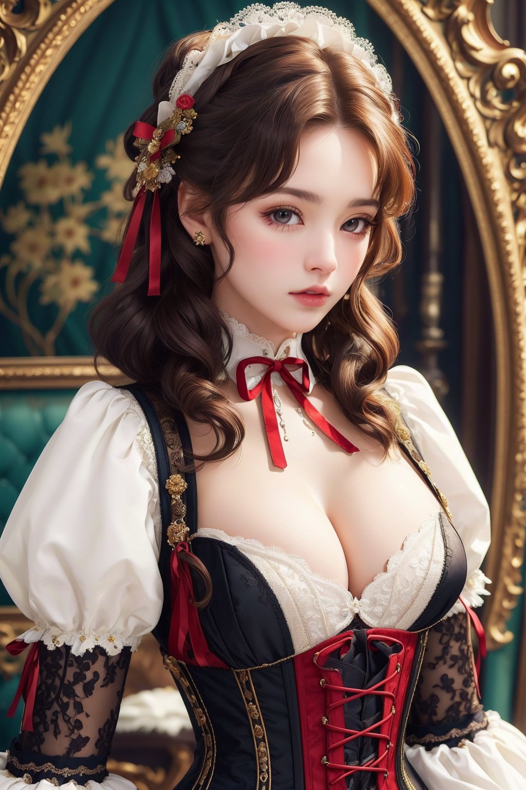 busty and sexy girl, 8k, masterpiece, ultra-realistic, best quality, high resolution, high definition, Lolita, maid, Victorian fashion, Rococo fashion, black corset with red ribbon lacing, White lace details on the sleeves, Puffed sleeves, headpiece adorned with flowers, ornate flower frame background, historical vibe, historical fashion with fantasy elements,lolita