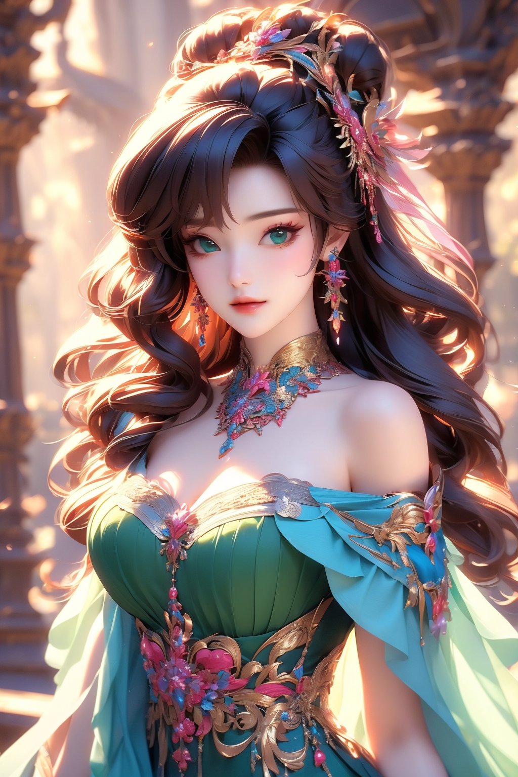 busty and sexy girl, 8k, masterpiece, ultra-realistic, best quality, high resolution, high definition, 1girl, solo, long hair, breasts, looking at viewer, black hair, hair ornament, dress, cleavage, bare shoulders, jewelry, medium breasts, closed mouth, upper body, earrings, necklace, off shoulder, hair bun, blurry, bracelet, blurry background, green dress