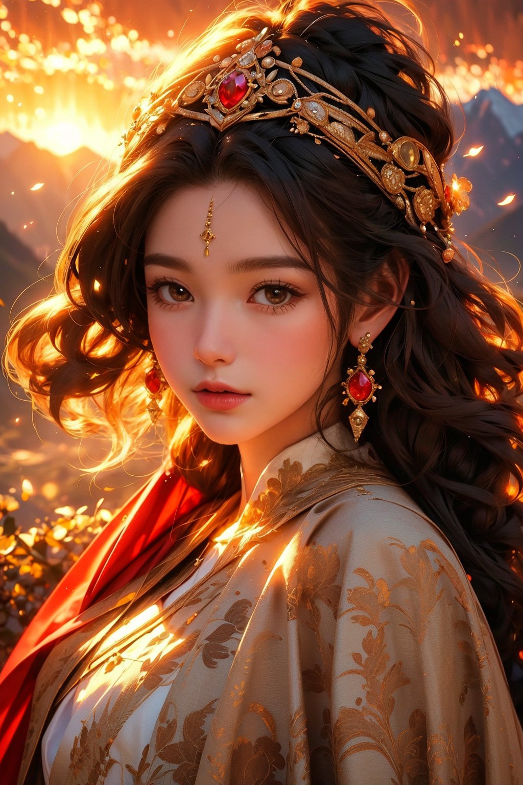 busty and sexy girl, 8k, masterpiece, ultra-realistic, best quality, high resolution, high definition, ancient Inca woman wearing a flowy cape on a mountain top, beautiful flawless face with glamourous makeup, dangling earrings, colorful headpiece, epic sunset, windy, depth of field,