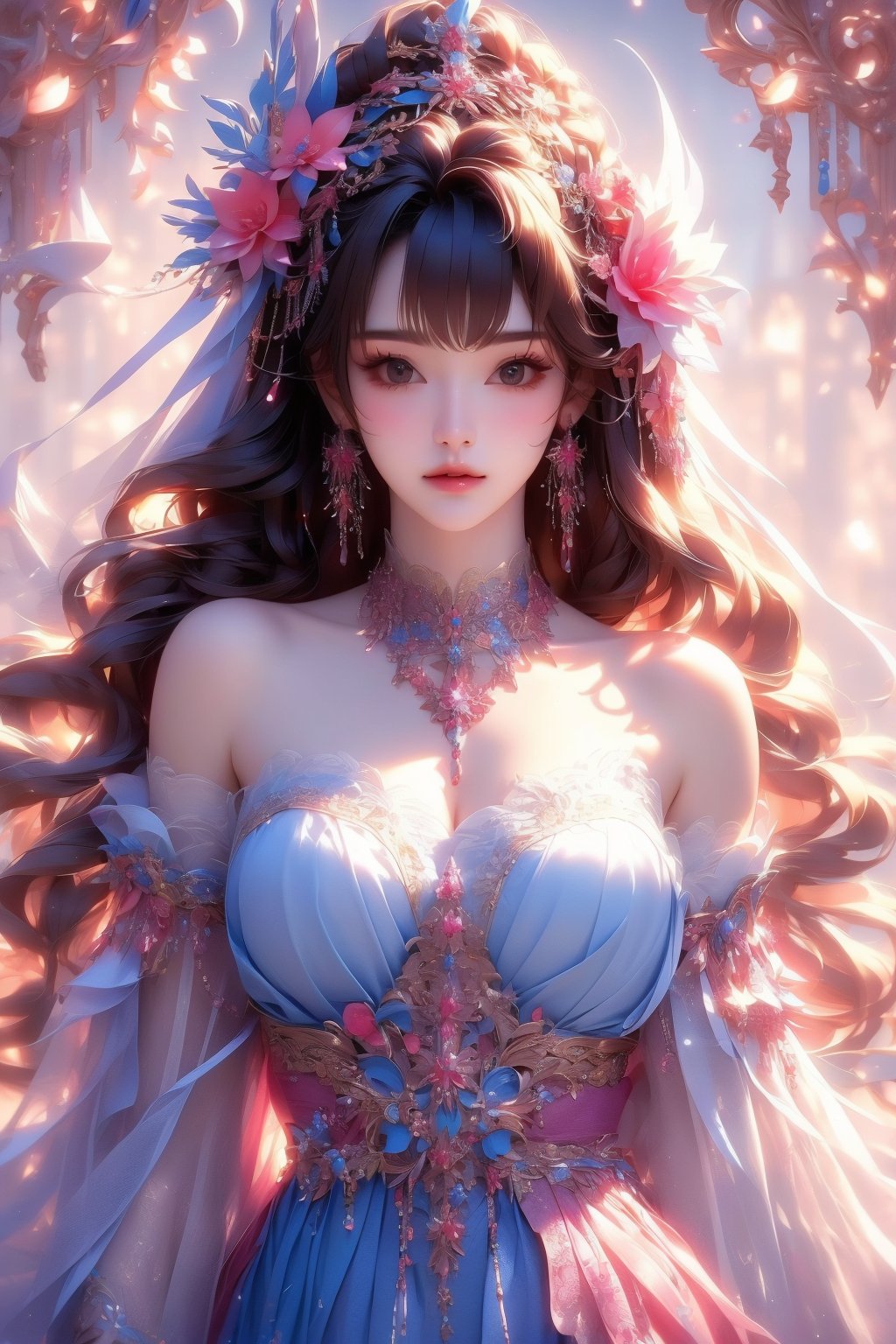 busty and sexy girl, 8k, masterpiece, ultra-realistic, best quality, high resolution, high definition, 1girl, solo, long hair, looking at viewer, black hair, hair ornament, dress, bare shoulders, brown eyes, jewelry, collarbone, upper body, braid, flower, multicolored hair, earrings, hair flower, necklace, lips, realistic