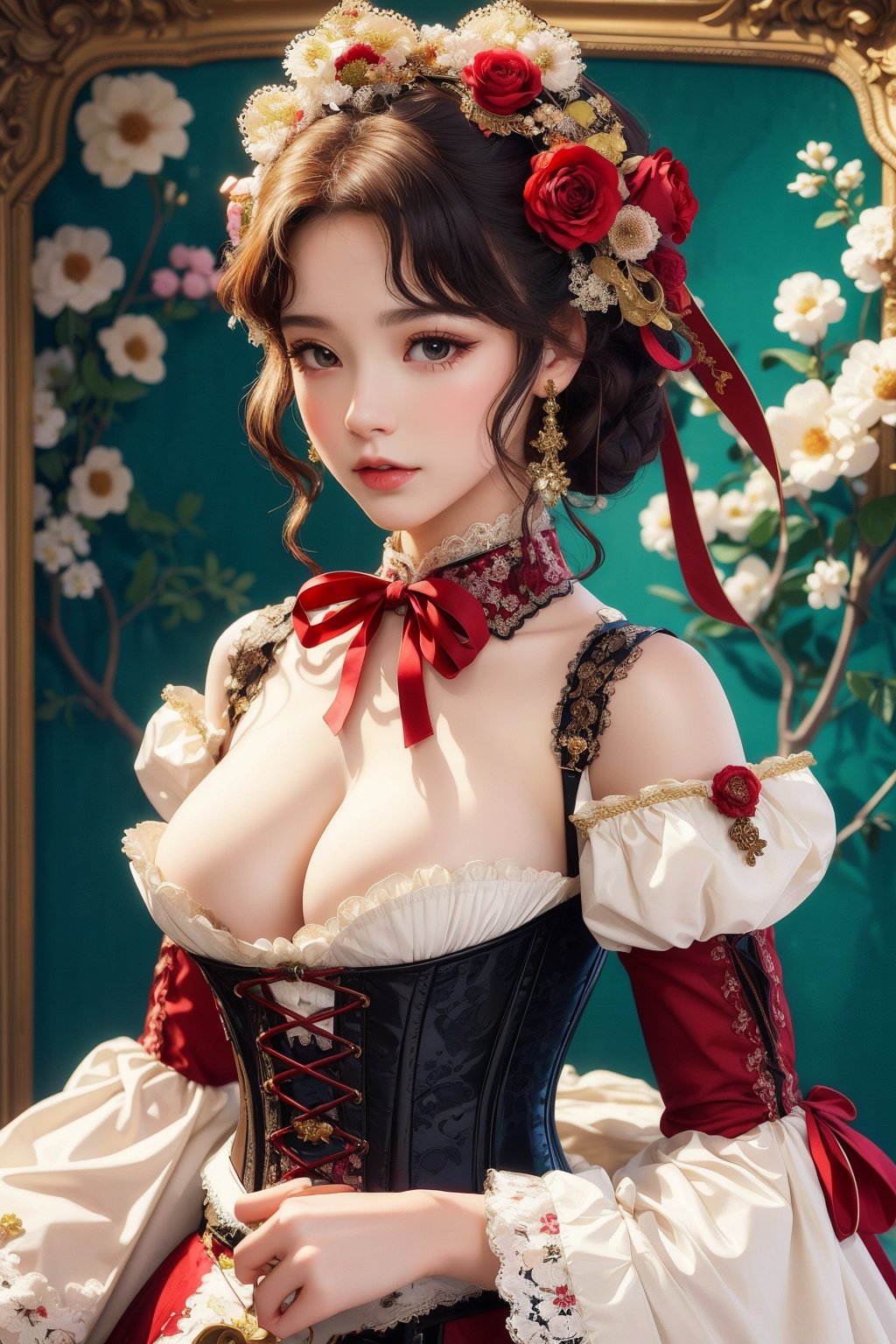 busty and sexy girl, 8k, masterpiece, ultra-realistic, best quality, high resolution, high definition, Lolita, maid, Victorian fashion, Rococo fashion, black corset with red ribbon lacing, White lace details on the sleeves, Puffed sleeves, headpiece adorned with flowers, ornate flower frame background, historical vibe, historical fashion with fantasy elements,lolita