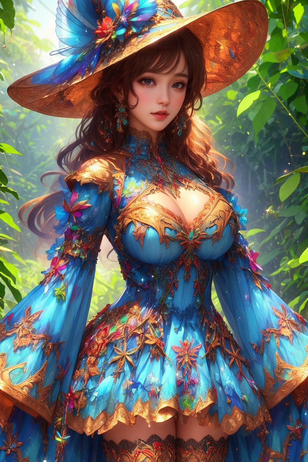 BLUE DRESS WITCH, busty and sexy girl, 8k, masterpiece, ultra-realistic, best quality, high resolution, high definition, bug, butterfly