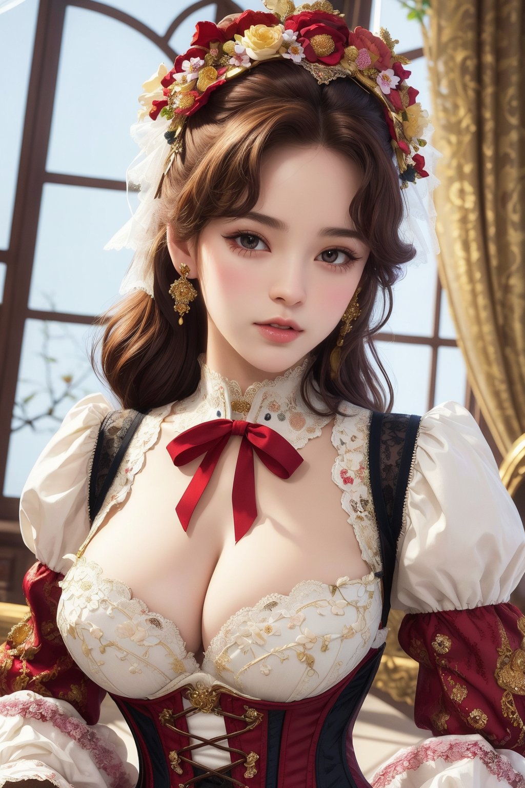 busty and sexy girl, 8k, masterpiece, ultra-realistic, best quality, high resolution, high definition, Lolita, maid, Victorian fashion, Rococo fashion, black corset with red ribbon lacing, White lace details on the sleeves, Puffed sleeves, headpiece adorned with flowers, ornate flower frame background, historical vibe, historical fashion with fantasy elements,lolita