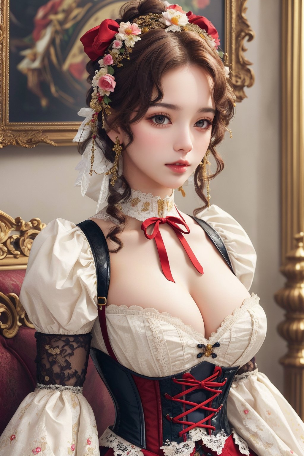 busty and sexy girl, 8k, masterpiece, ultra-realistic, best quality, high resolution, high definition, Lolita, maid, Victorian fashion, Rococo fashion, black corset with red ribbon lacing, White lace details on the sleeves, Puffed sleeves, headpiece adorned with flowers, ornate flower frame background, historical vibe, historical fashion with fantasy elements,lolita