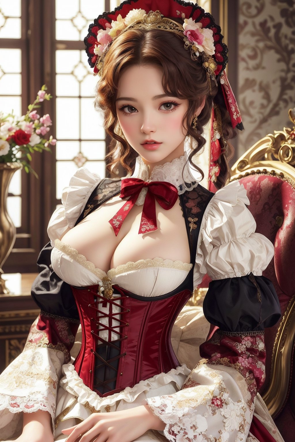 busty and sexy girl, 8k, masterpiece, ultra-realistic, best quality, high resolution, high definition, Lolita, maid, Victorian fashion, Rococo fashion, black corset with red ribbon lacing, White lace details on the sleeves, Puffed sleeves, headpiece adorned with flowers, ornate flower frame background, historical vibe, historical fashion with fantasy elements,lolita