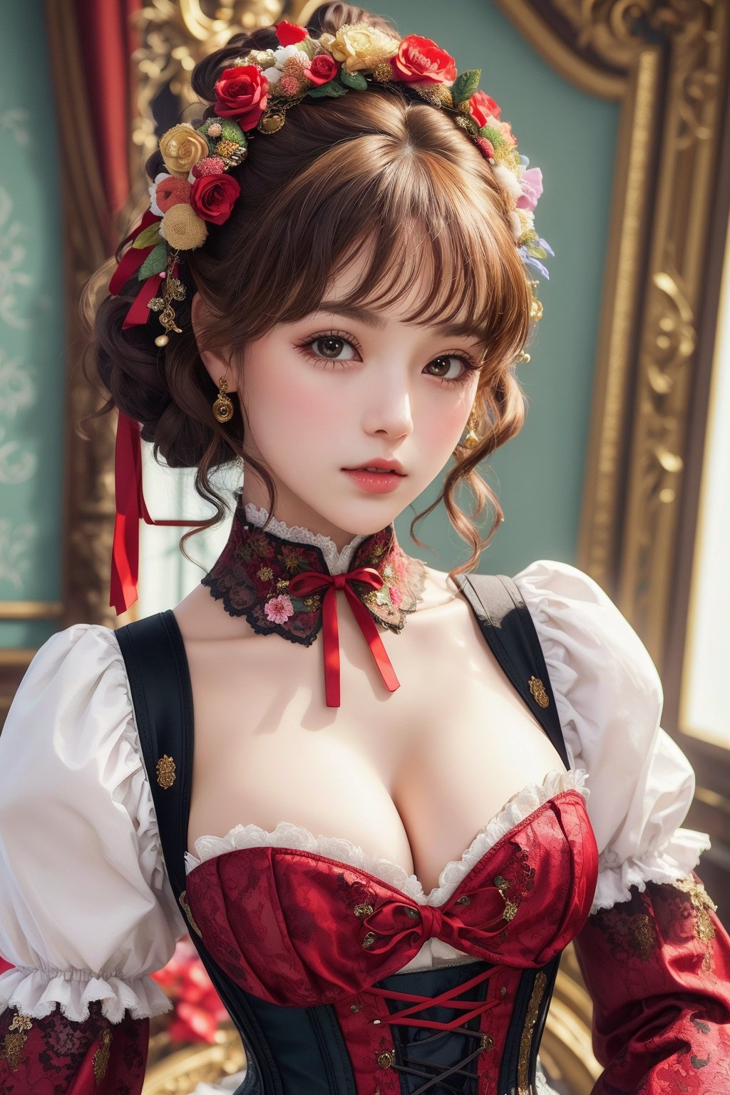 busty and sexy girl, 8k, masterpiece, ultra-realistic, best quality, high resolution, high definition, Lolita, maid, Victorian fashion, Rococo fashion, black corset with red ribbon lacing, White lace details on the sleeves, Puffed sleeves, headpiece adorned with flowers, ornate flower frame background, historical vibe, historical fashion with fantasy elements,lolita