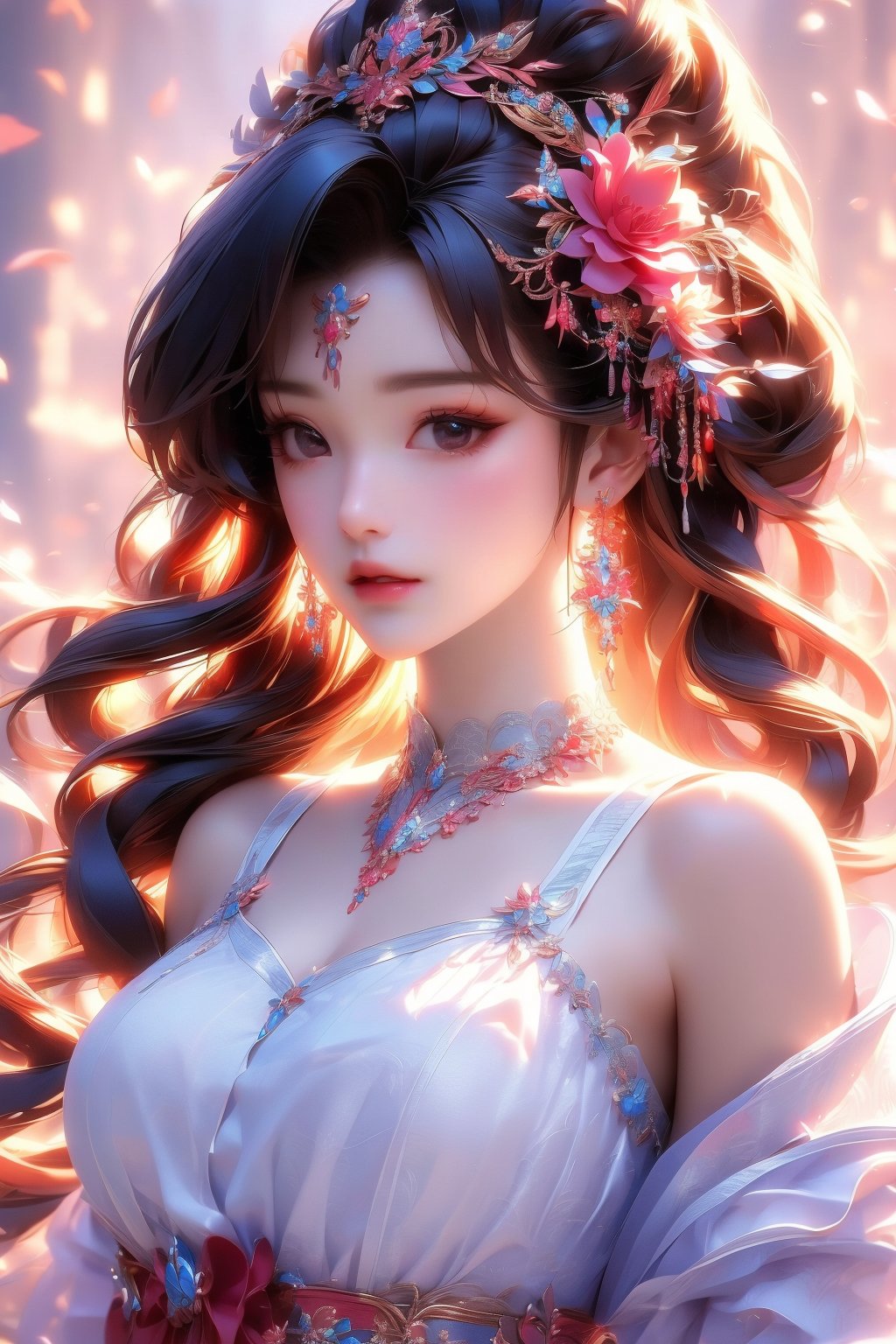 busty and sexy girl, 8k, masterpiece, ultra-realistic, best quality, high resolution, high definition, 1girl, solo, long hair, looking at viewer, black hair, hair ornament, dress, bare shoulders, brown eyes, jewelry, collarbone, upper body, braid, flower, multicolored hair, earrings, hair flower, necklace, lips, realistic