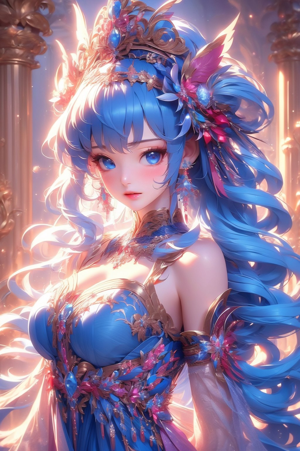 busty and sexy girl, 8k, masterpiece, ultra-realistic, best quality, high resolution, high definition, 1girl, solo, long hair, breasts, looking at viewer, blush, bangs, blue eyes, hair ornament, dress, jewelry, closed mouth, blue hair, upper body, flower, earrings, gem, headdress