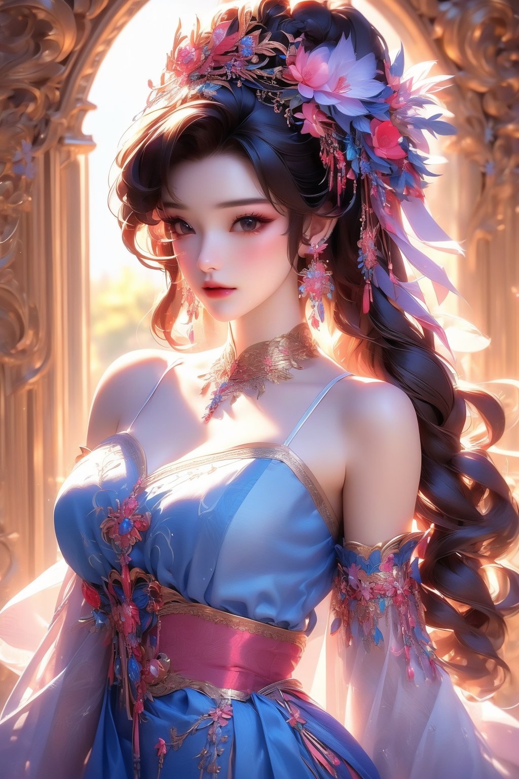 busty and sexy girl, 8k, masterpiece, ultra-realistic, best quality, high resolution, high definition, 1girl, solo, long hair, looking at viewer, black hair, hair ornament, dress, bare shoulders, brown eyes, jewelry, collarbone, upper body, braid, flower, multicolored hair, earrings, hair flower, necklace, lips, realistic